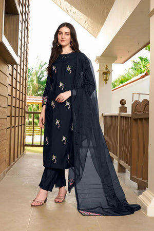 Navy Blue Embroidered Art Silk Kurti Pant Set (NC2230DSKD)