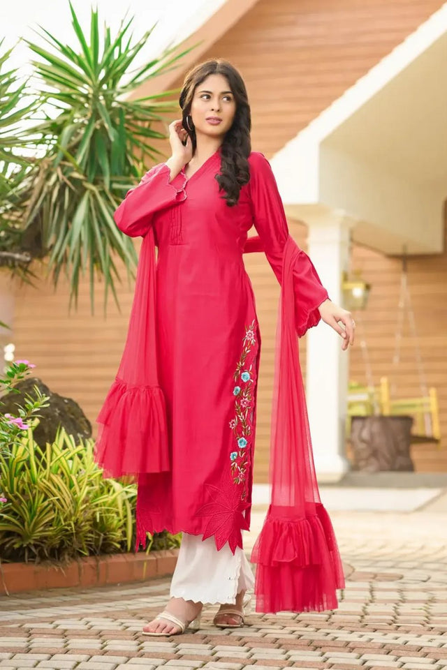 Pink Embroidered Art Silk Kurti Pant Set (NC2231ASKD)