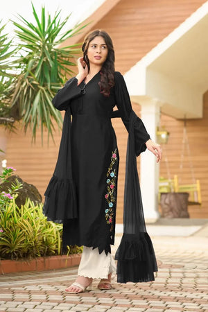 Black Embroidered Art Silk Kurti Pant Set (NC2231BSKD)