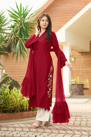Maroon Embroidered Art Silk Kurti Pant Set (NC2231CSKD)