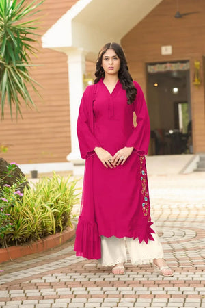 Dark Pink Embroidered Art Silk Kurti Pant Set (NC2231DSKD)