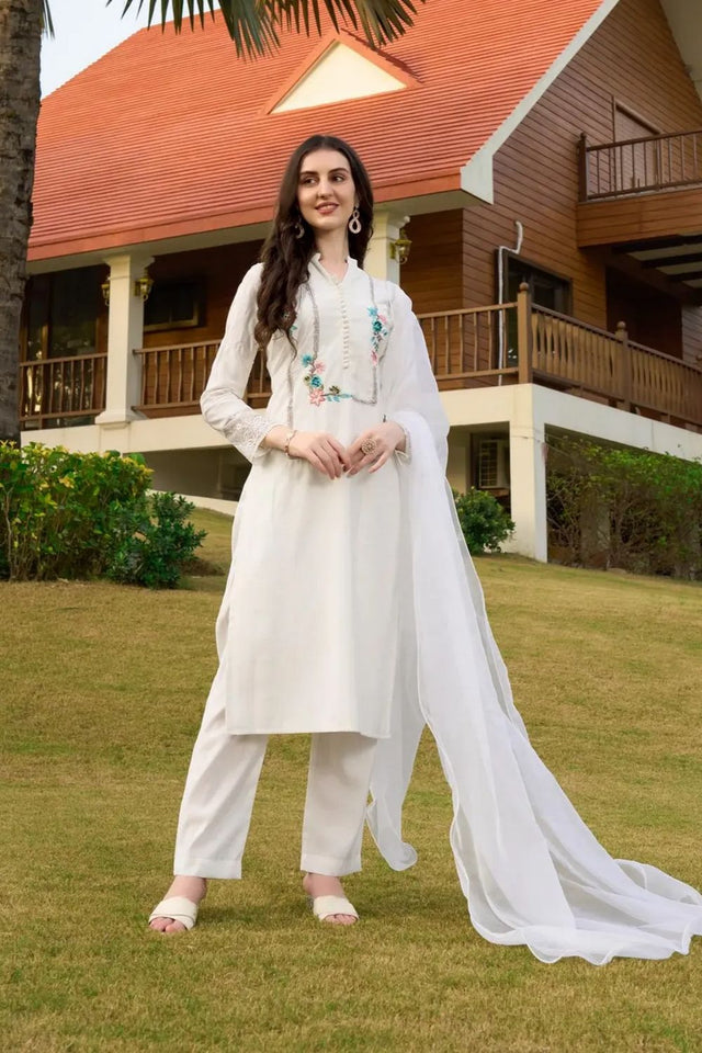 Off White Embroidered Art Silk Kurti Pant Set (NC2232ASKD)