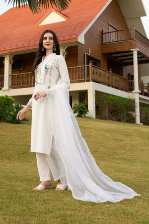 Off White Embroidered Art Silk Kurti Pant Set (NC2232ASKD)