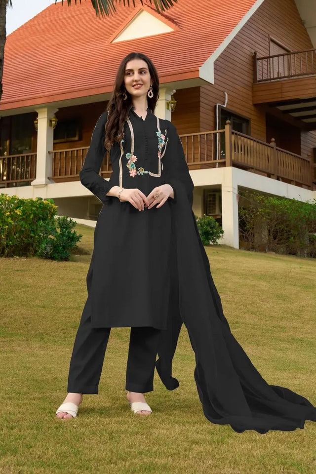 Black Embroidered Art Silk Kurti Pant Set (NC2232BSKD)