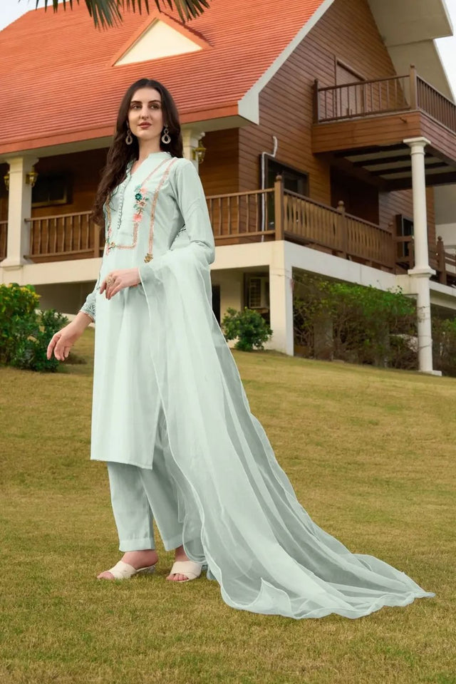 Light Green Embroidered Art Silk Kurti Pant Set (NC2232CSKD)