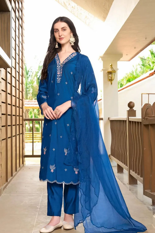 Blue Embroidered Art Silk Kurti Pant Set (NC2233ASKD)