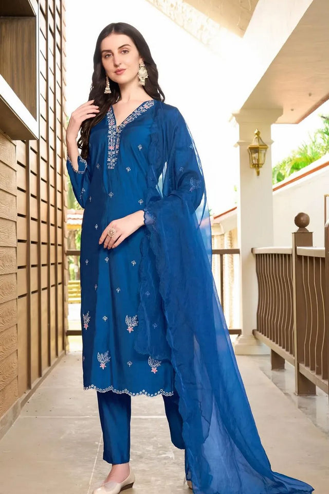 Blue Embroidered Art Silk Kurti Pant Set (NC2233ASKD)