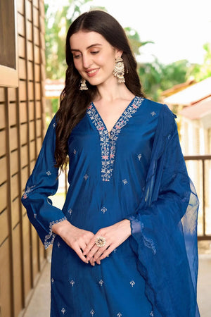 Blue Embroidered Art Silk Kurti Pant Set (NC2233ASKD)