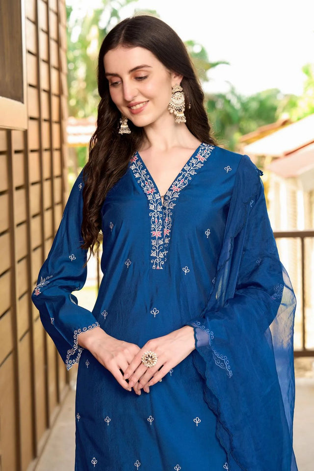 Blue Embroidered Art Silk Kurti Pant Set (NC2233ASKD)