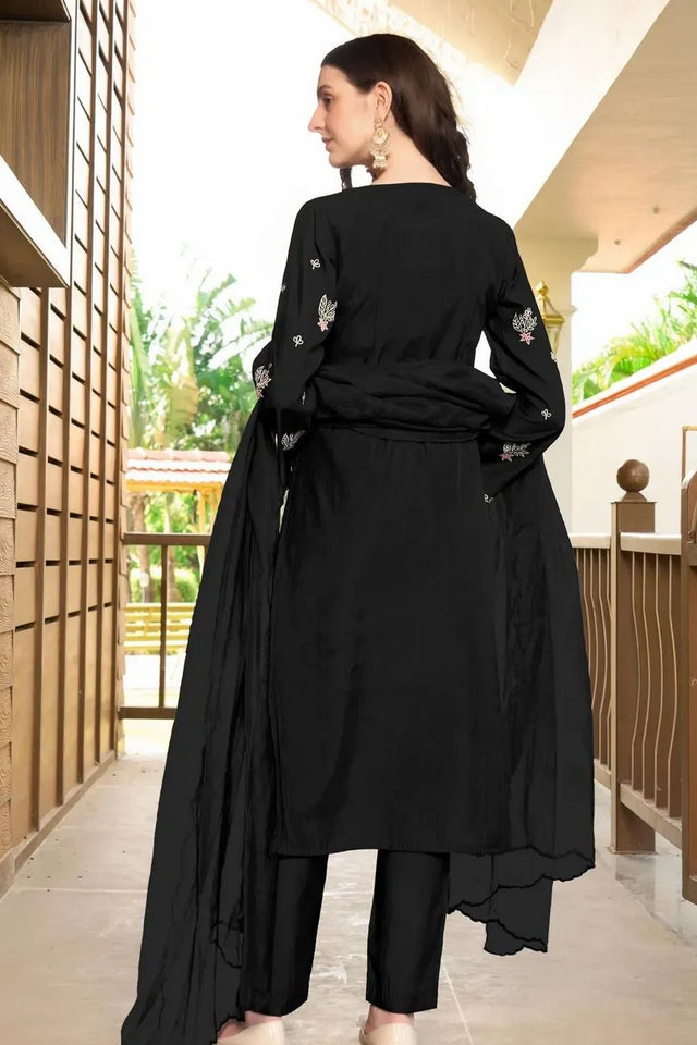 Black Embroidered Art Silk Kurti Pant Set (NC2233BSKD)