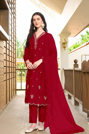 Maroon Embroidered Art Silk Kurti Pant Set (NC2233CSKD)
