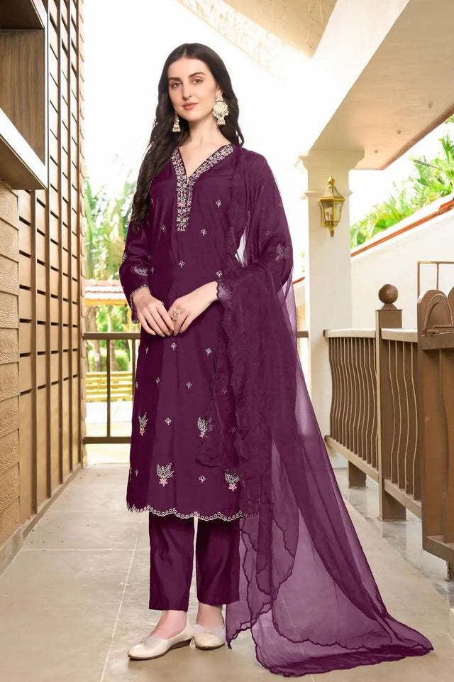 Dark Maroon Embroidered Art Silk Kurti Pant Set (NC2233DSKD)