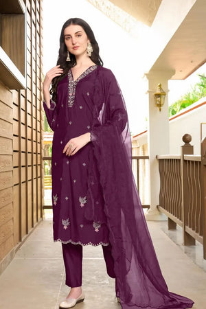 Dark Maroon Embroidered Art Silk Kurti Pant Set (NC2233DSKD)