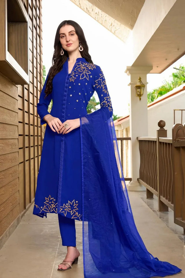 Blue Embroidered Georgette Kurti Pant Set (NC2234ASKD)