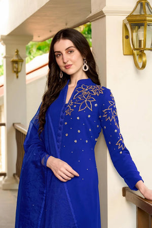 Blue Embroidered Georgette Kurti Pant Set (NC2234ASKD)