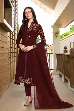 Maroon Embroidered Georgette Kurti Pant Set (NC2234CSKD)