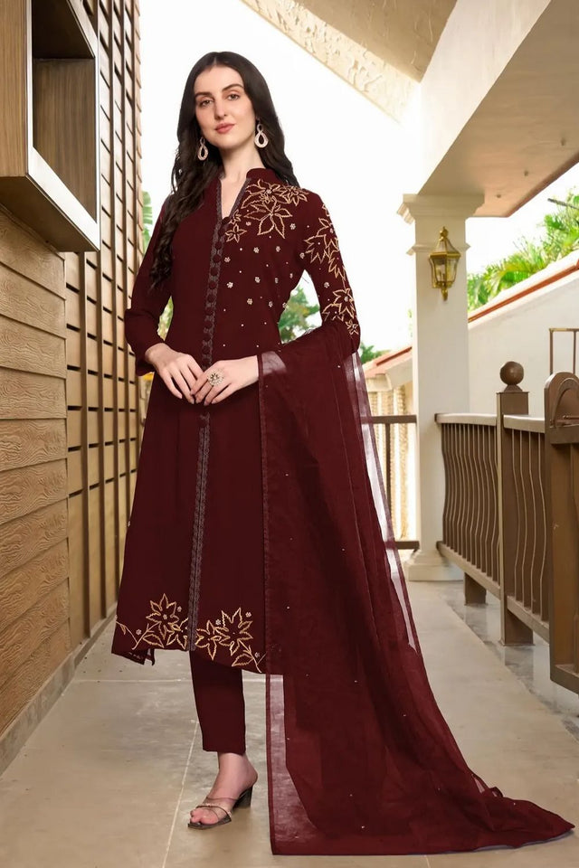 Maroon Embroidered Georgette Kurti Pant Set (NC2234CSKD)