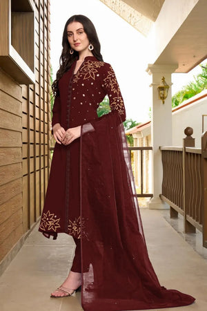 Maroon Embroidered Georgette Kurti Pant Set (NC2234CSKD)