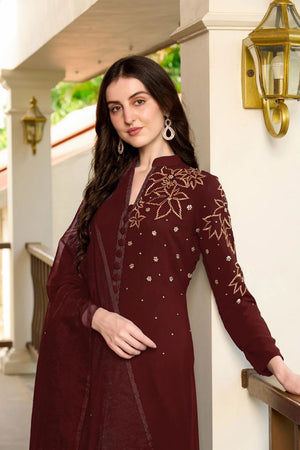 Maroon Embroidered Georgette Kurti Pant Set (NC2234CSKD)