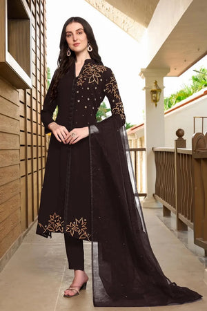 Brown Embroidered Georgette Kurti Pant Set (NC2234DSKD)