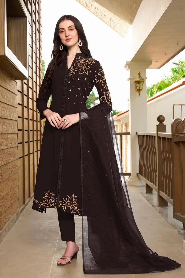 Brown Embroidered Georgette Kurti Pant Set (NC2234DSKD)