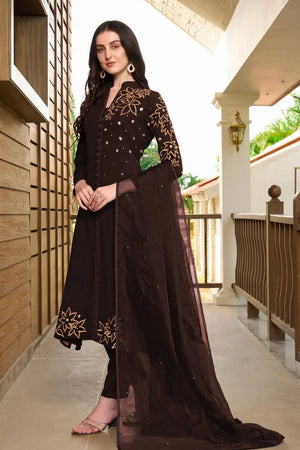 Brown Embroidered Georgette Kurti Pant Set (NC2234DSKD)
