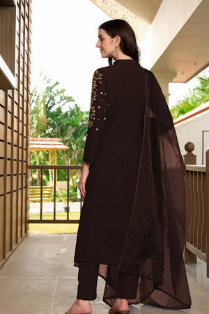 Brown Embroidered Georgette Kurti Pant Set (NC2234DSKD)