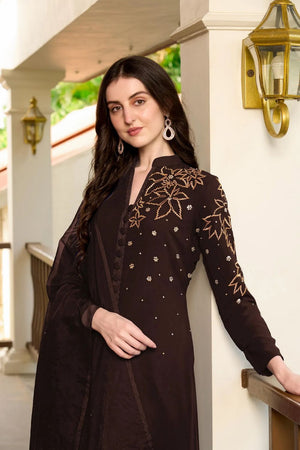 Brown Embroidered Georgette Kurti Pant Set (NC2234DSKD)
