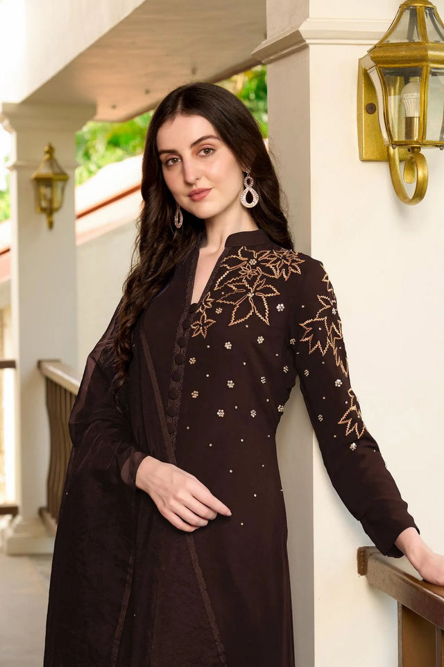 Brown Embroidered Georgette Kurti Pant Set (NC2234DSKD)