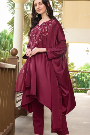 Maroon Embroidered Satin Kurti Pant Set (NC2235ASKD)