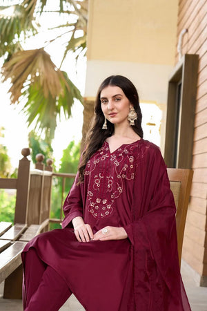 Maroon Embroidered Satin Kurti Pant Set (NC2235ASKD)