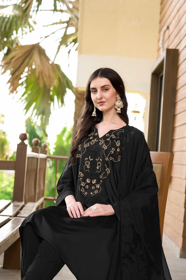Black Embroidered Satin Kurti Pant Set (NC2235BSKD)