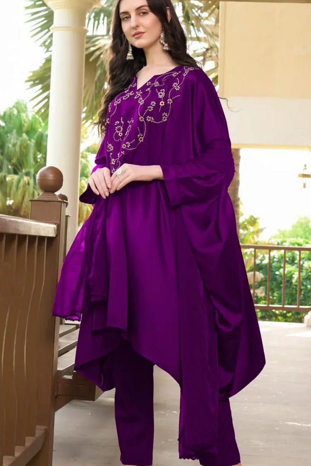 Purple Embroidered Satin Kurti Pant Set (NC2235CSKD)