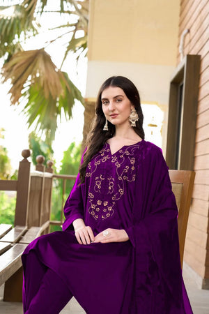 Purple Embroidered Satin Kurti Pant Set (NC2235CSKD)