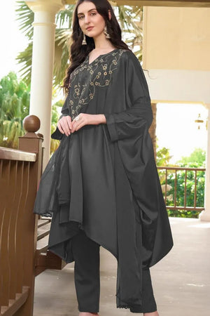 Grey Embroidered Satin Kurti Pant Set (NC2235DSKD)