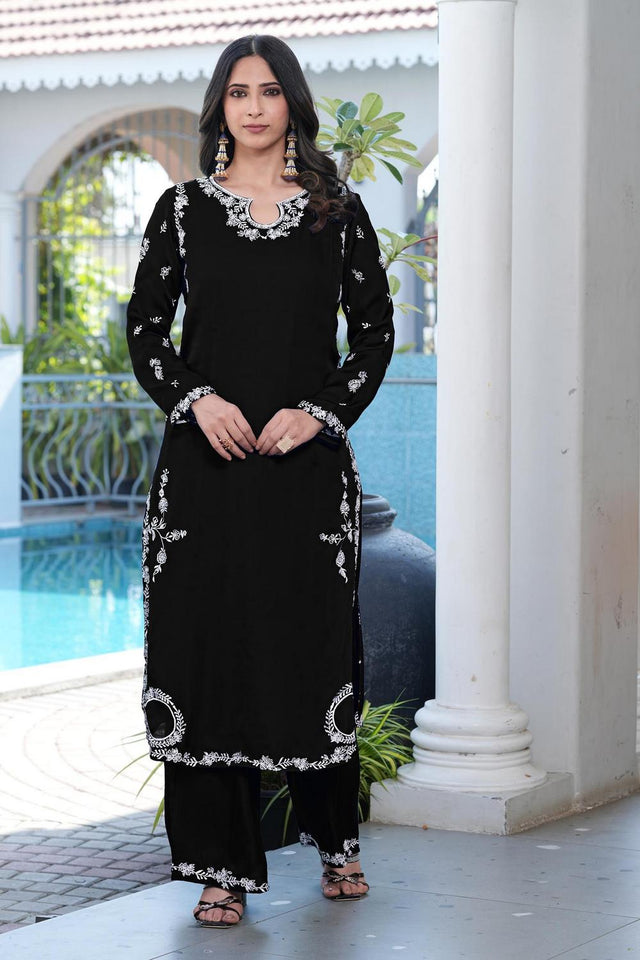 Black Floral Embroidered Satin Kurti Pant Set (NC2237BKS)