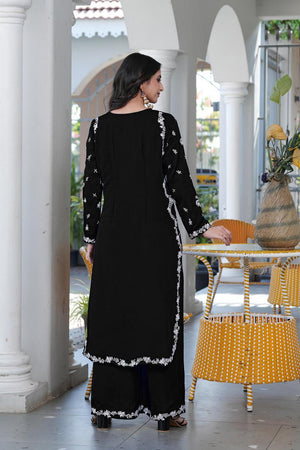Black Floral Embroidered Satin Kurti Pant Set (NC2237BKS)