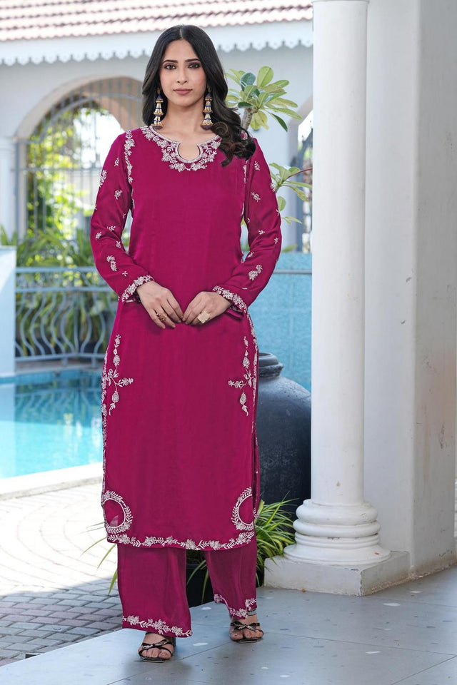 Magenta Floral Embroidered Satin Kurti Pant Set (NC2237CKS)