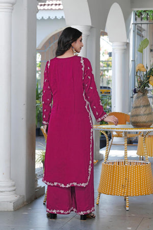 Magenta Floral Embroidered Satin Kurti Pant Set (NC2237CKS)