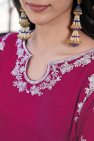 Magenta Floral Embroidered Satin Kurti Pant Set (NC2237CKS)