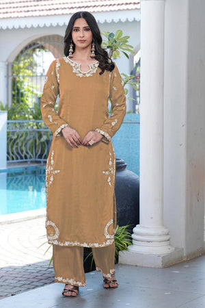 Brown Floral Embroidered Satin Kurti Pant Set (NC2237DKS)