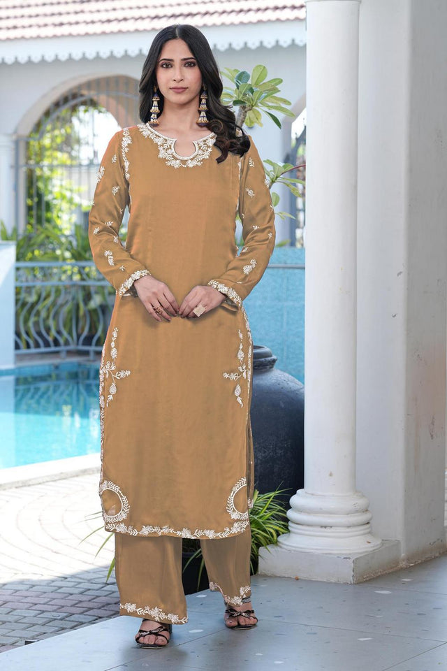 Brown Floral Embroidered Satin Kurti Pant Set (NC2237DKS)
