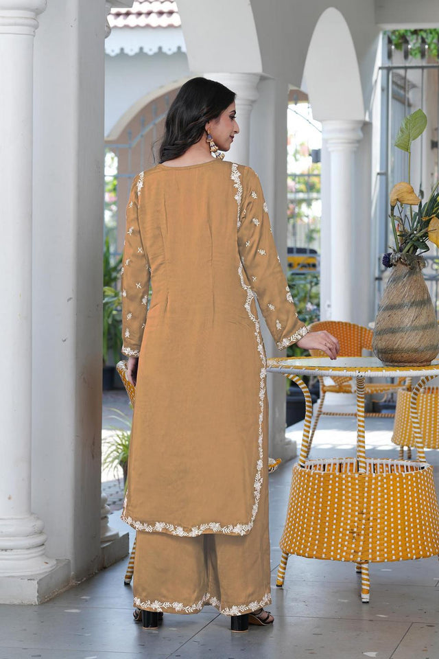Brown Floral Embroidered Satin Kurti Pant Set (NC2237DKS)