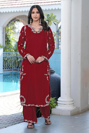 Maroon Floral Embroidered Satin Kurti Pant Set (NC2237EKS)