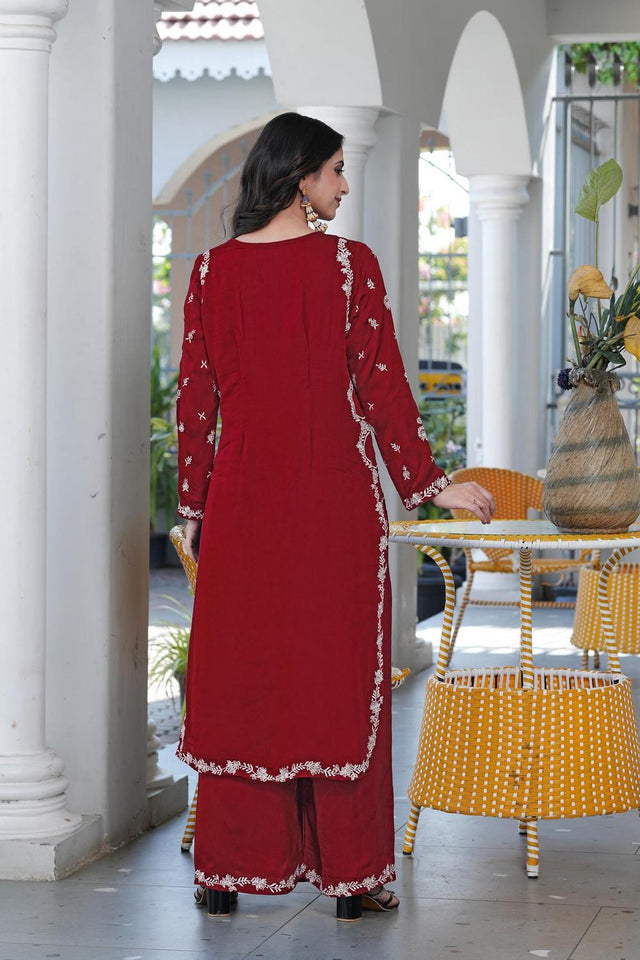 Maroon Floral Embroidered Satin Kurti Pant Set (NC2237EKS)