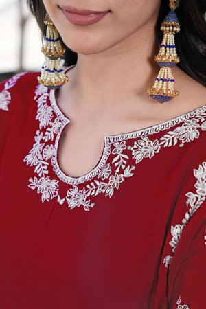 Maroon Floral Embroidered Satin Kurti Pant Set (NC2237EKS)