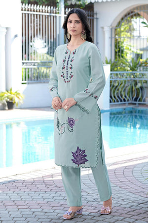 Sea Green Floral Embroidered Art Silk Kurti Pant Set (NC2238AKS)