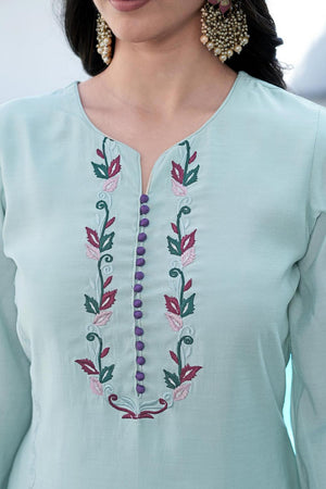 Sea Green Floral Embroidered Art Silk Kurti Pant Set (NC2238AKS)