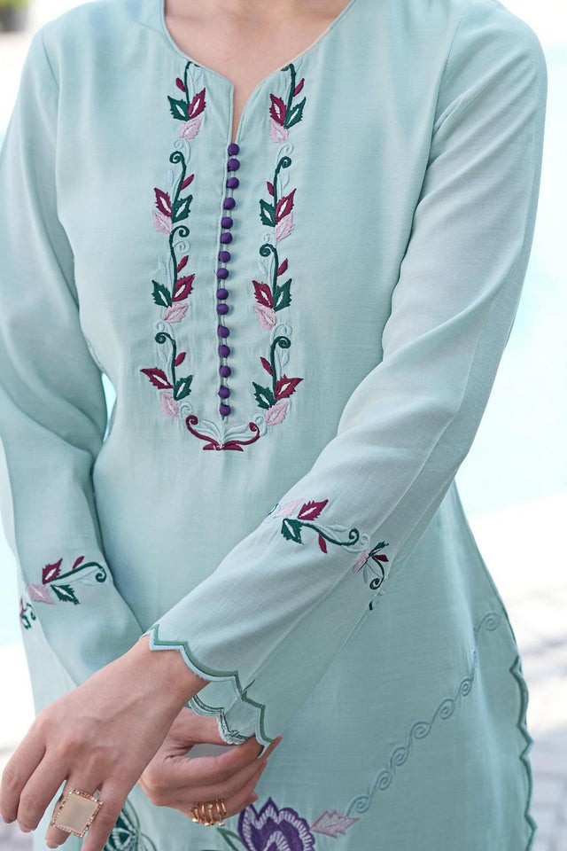 Sea Green Floral Embroidered Art Silk Kurti Pant Set (NC2238AKS)