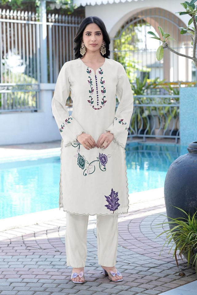 Cream Floral Embroidered Art Silk Kurti Pant Set (NC2238BKS)